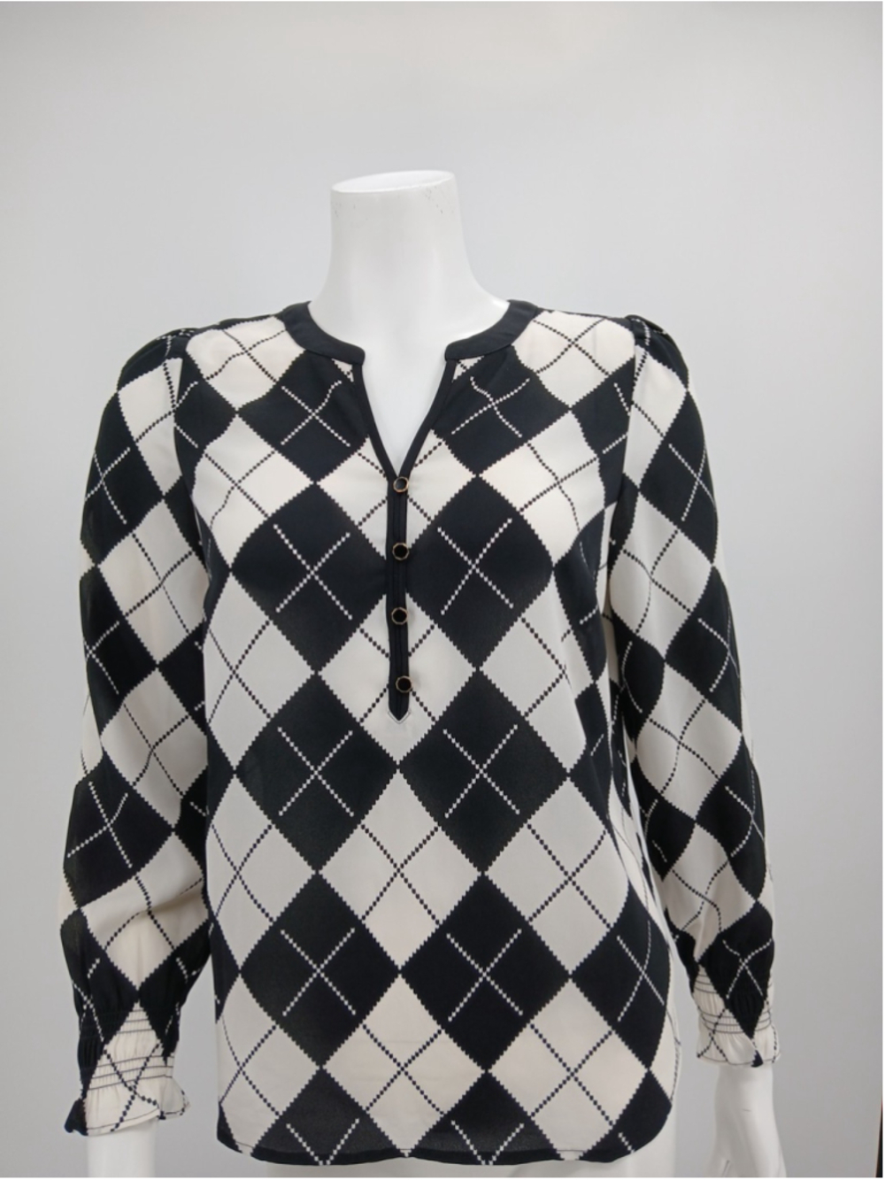 New Talbots Argyle Print Long Sleeve Button-Down Tunic Blouse Top Petite S